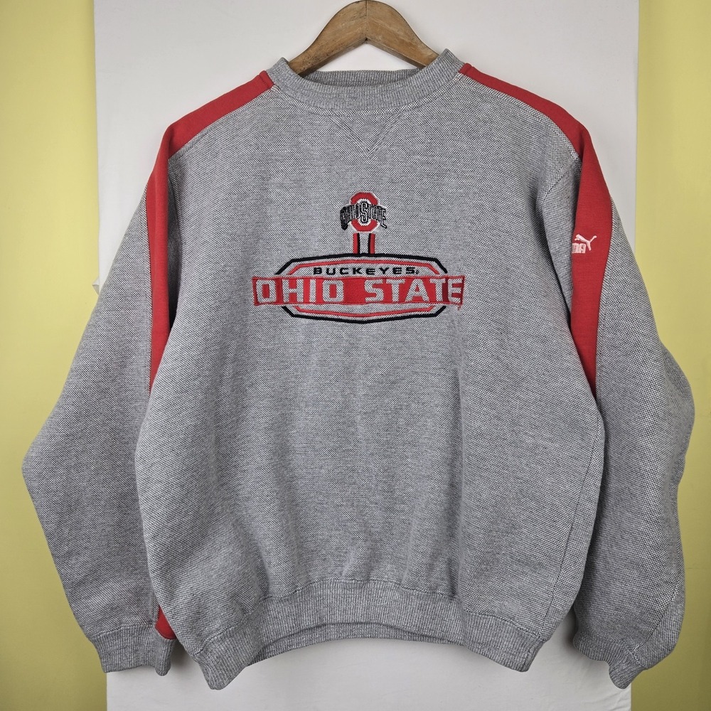 Vintage OHIO STATE Sweatshirt By Puma Sz Medium Buckeyes Gray Red Oversized